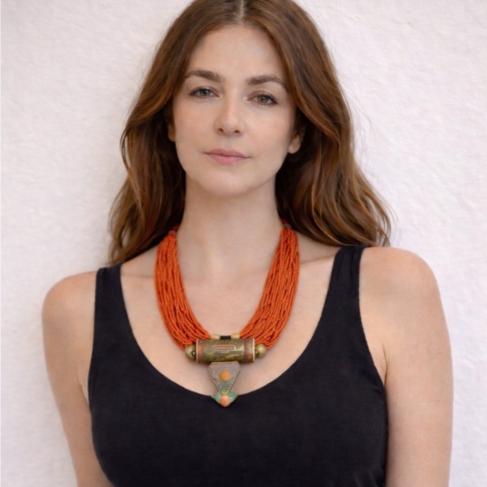 Vibrant Orange Beaded Necklace with Brass Accents